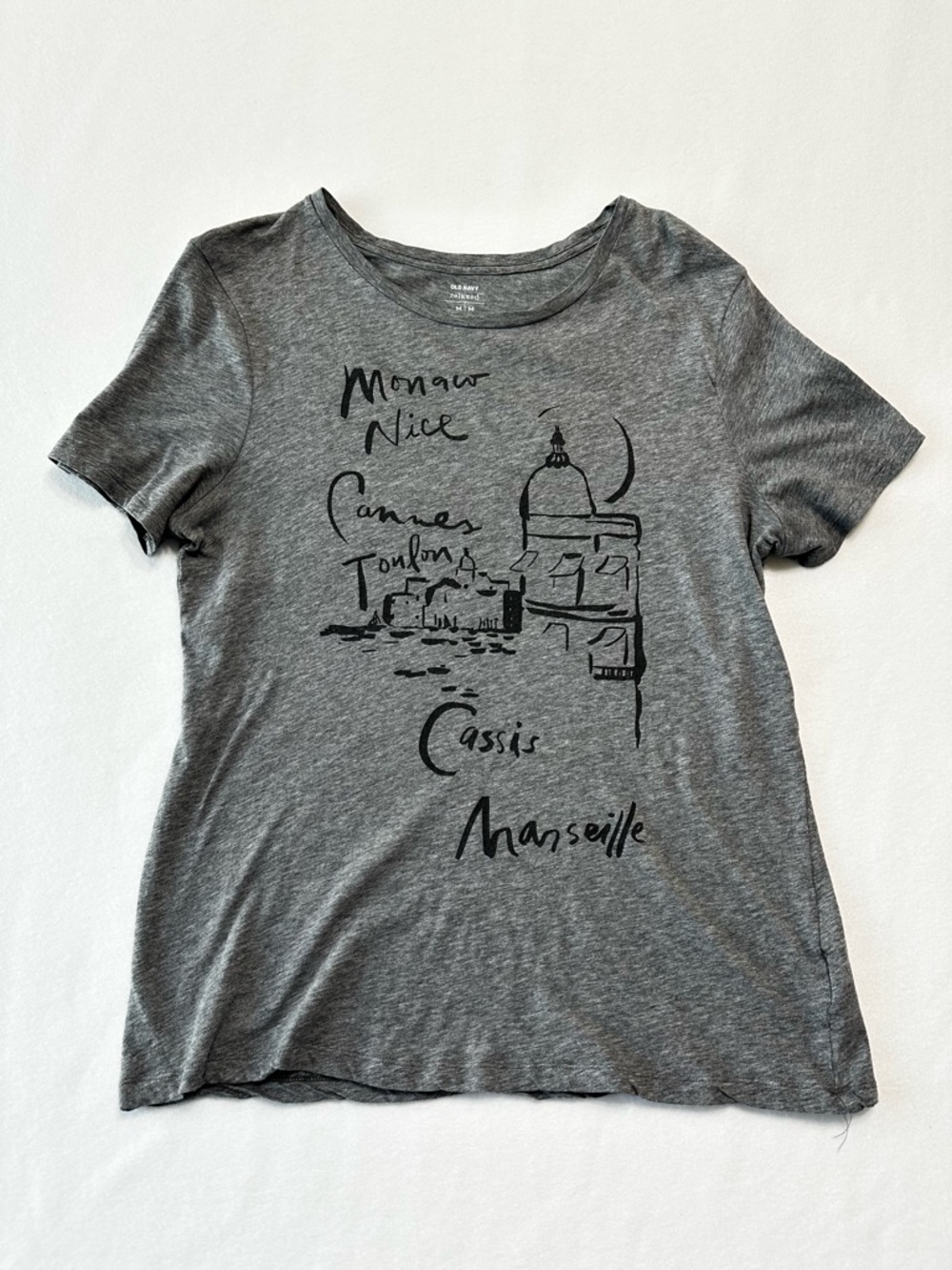 Old Navy Women Graphic Tee Medium Gray France Print Relaxed Fit T Shirt